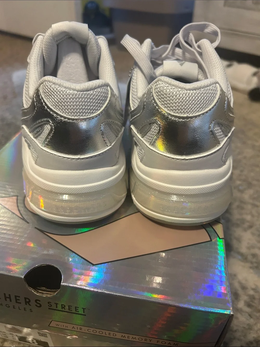 Skechers Women's White Sneakers with Silver Metallic Accents
